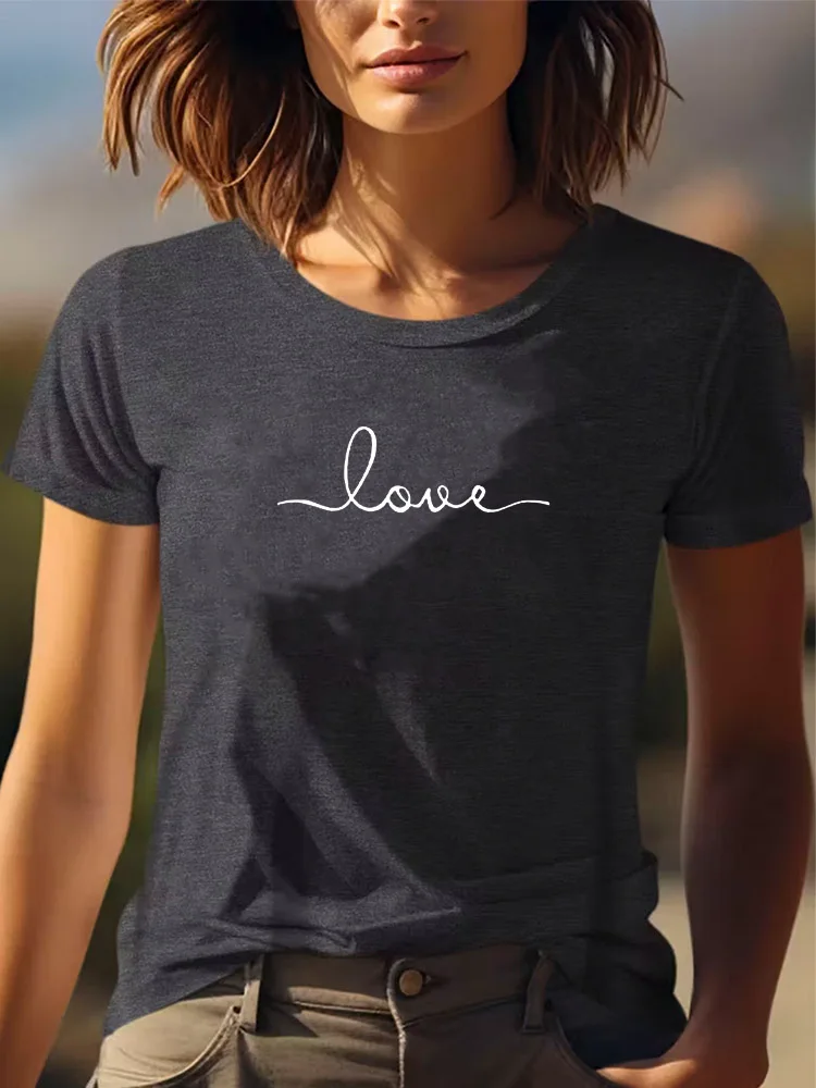 Love Damen-Grafik-Freizeit-T-Shirt für alle Jahreszeiten, kurzärmelig, Rundhalsausschnitt, graues T-Shirt, 180 g, Ganzjahresbekleidung