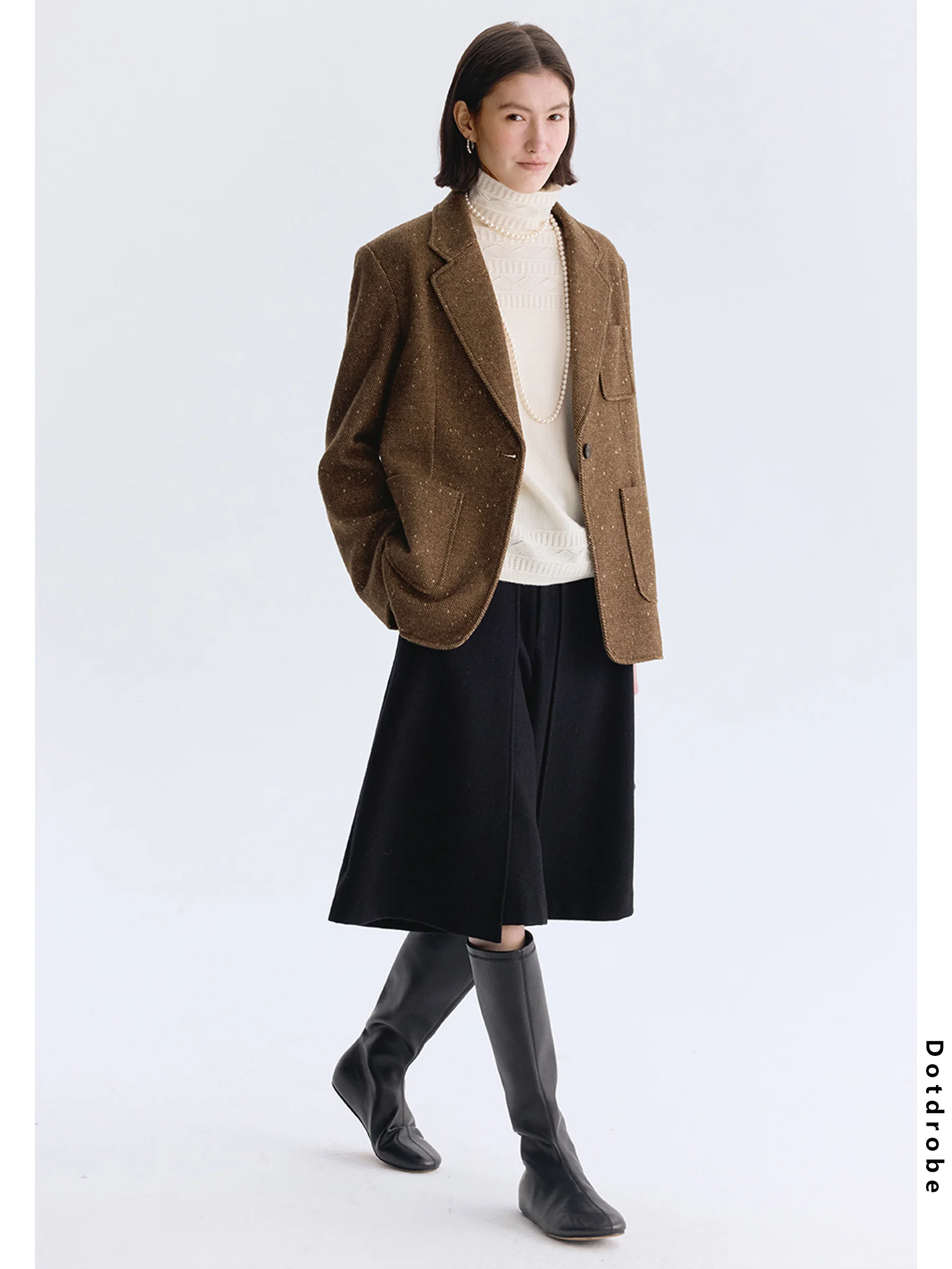 

DotDrobe Women's Casual Wool Blend Suit Spring Sle Vintage Floral Coffee Color Busin Casual Long Sve Single Button