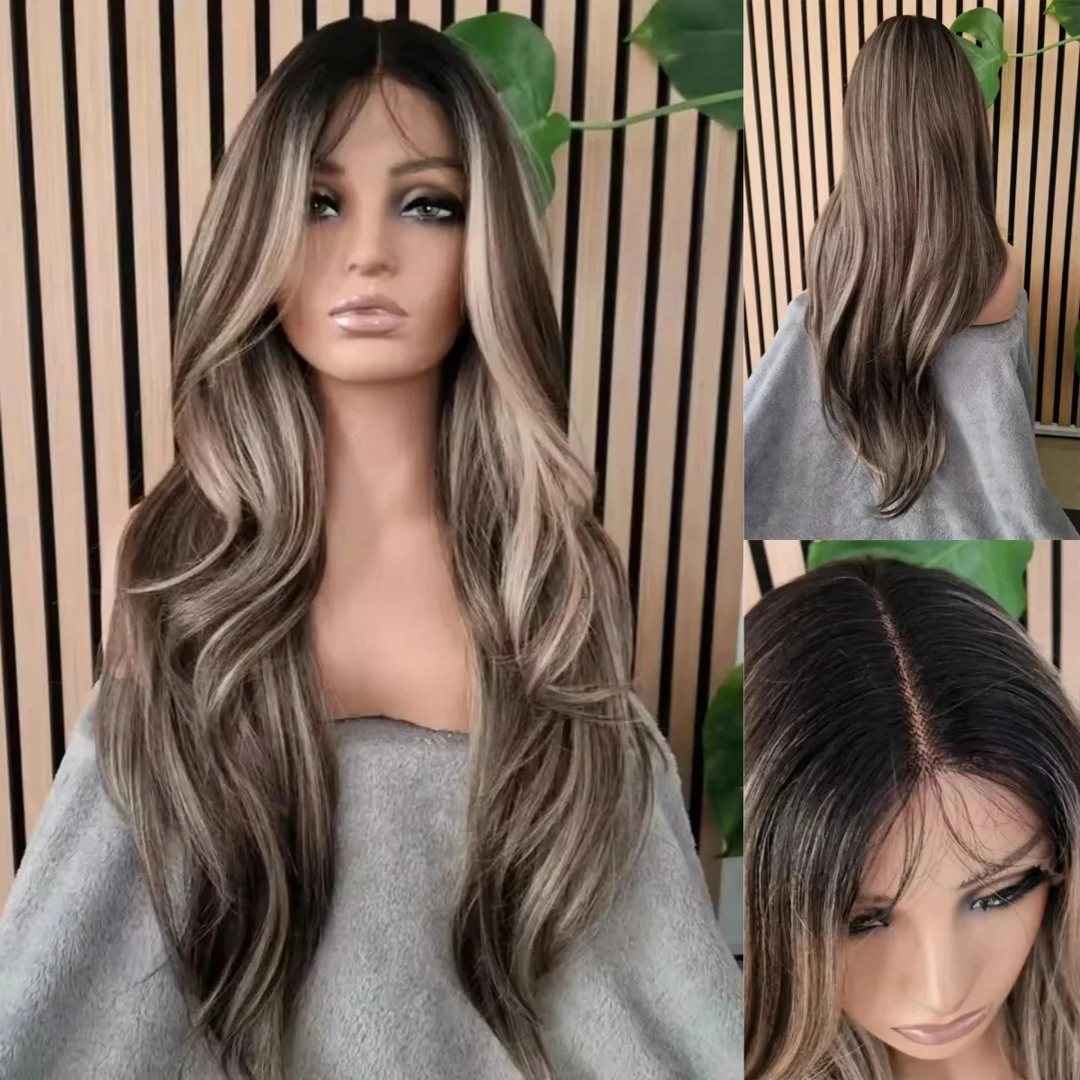 

Темно-коричневые мелирование Парики спереди на шнуровке с детскими волосами Эластичные объемные волны Женские парики Натуральные волосы Синтетические парики на шнуровке