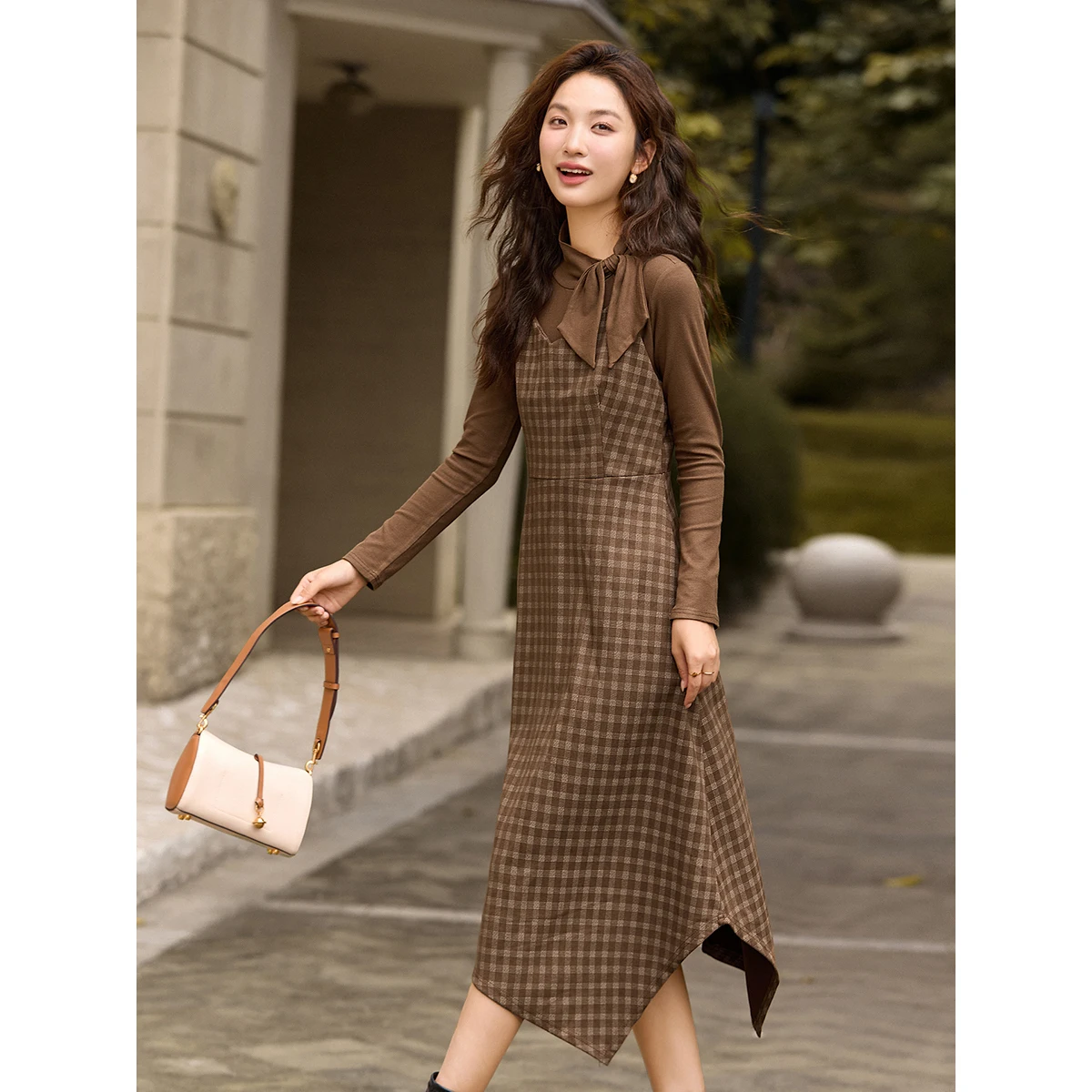 VINLY Eleganckie damskie komplety sukienkowo-garniturowe 2025 Zima Bluzki bazowe z kokardą Asymetryczny dół Sukienka na szelkach w kratę Damski zestaw dwuczęściowy 30519