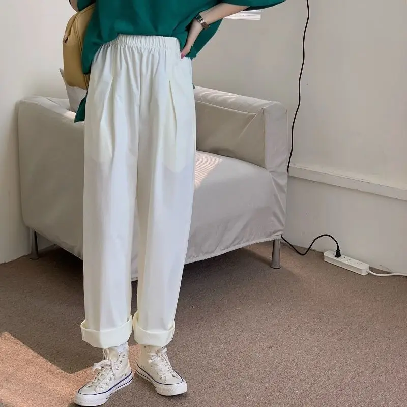 

Брюки женские в стиле ампир, универсальная модная мягкая уличная одежда, простая корейская однотонная длинная длина, летняя тонкая повседневная быстросохнущая одежда