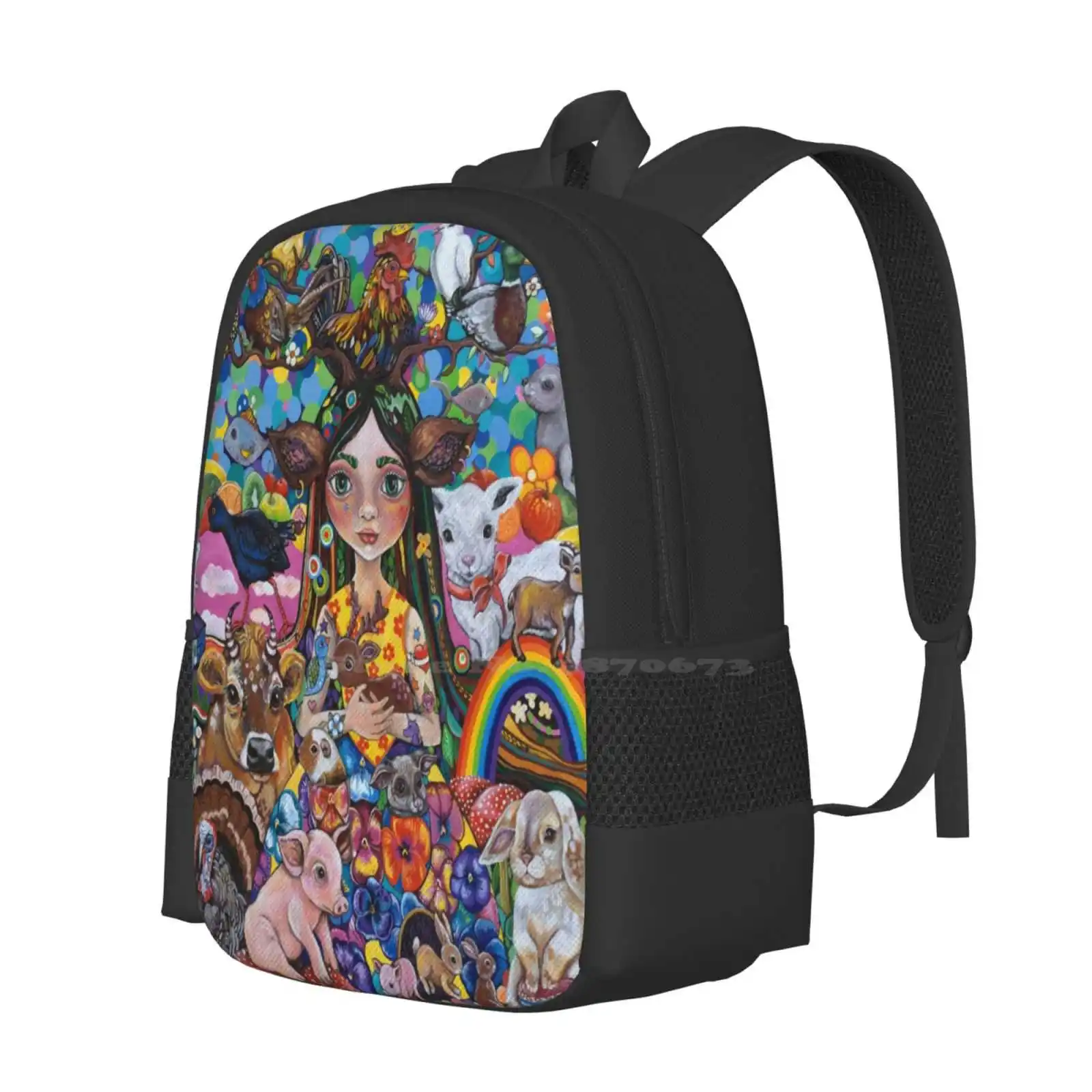 The Protector Teen College Student Backpack Pattern Design Bags Protector Earth Goddess Animals Vegan Protection Love