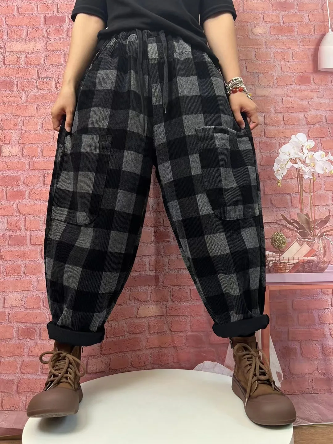 Autumn New Corduroy Patchwork Lattice Oversized Straight Harem Pants Woman Drawstring Streetwear Pocket Ankle-length Trousers