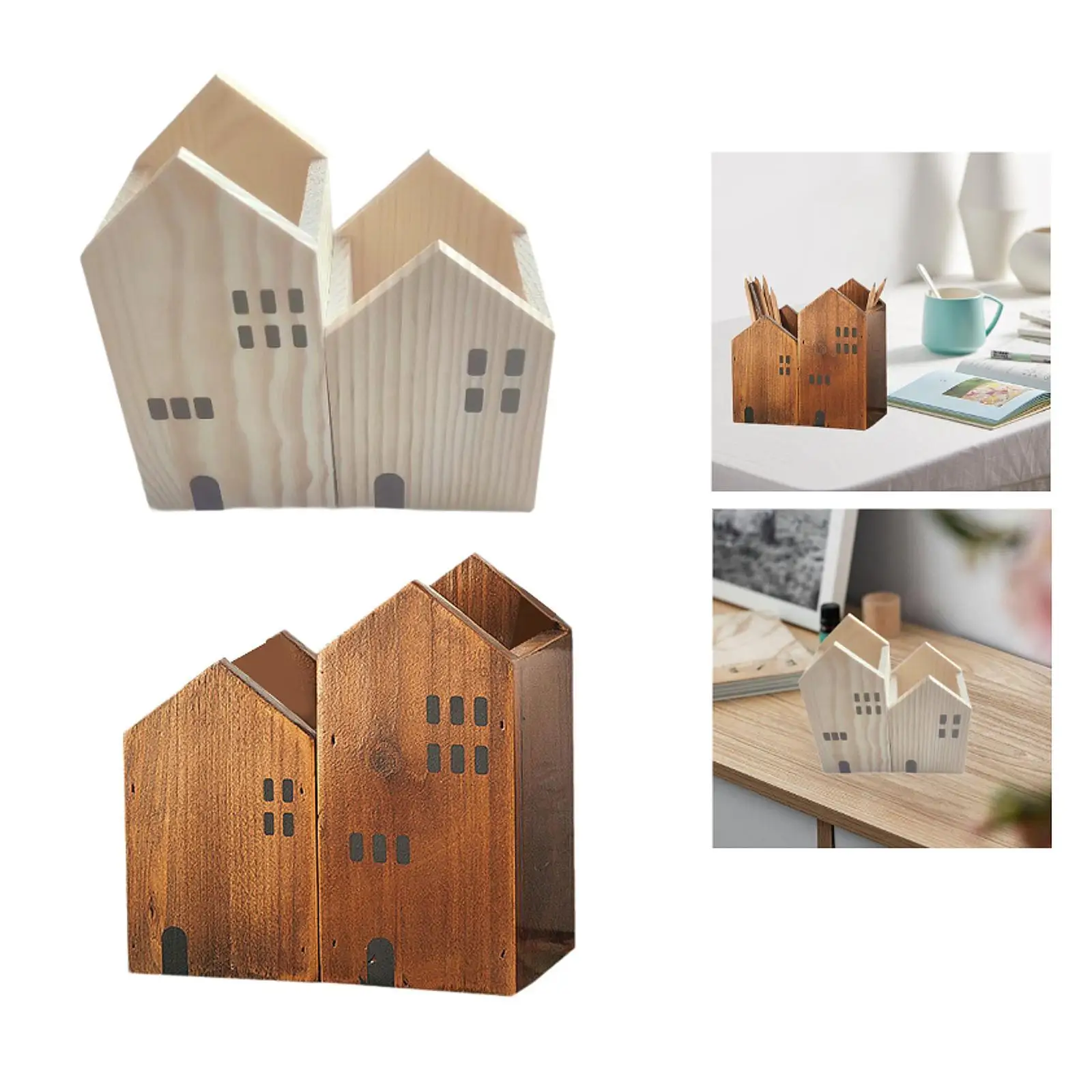 

Wood House Shape Pen Pencil Holder Multifunctional Space Saving 6.3x3.1x6.3inch for Home Office Accessories Desktop Organizer