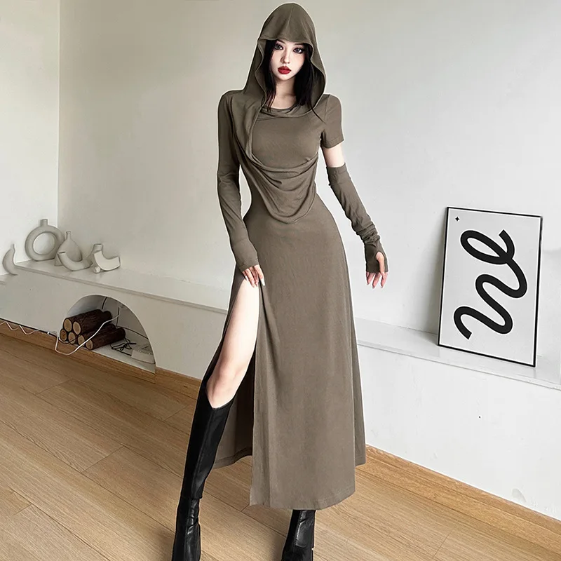 Sexy Women Hooded Bodycon Dress Wasteland Style Game Movie Survivor Outfit Shirring Slim Long Dress  With Gloves