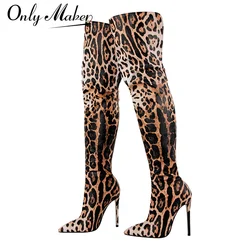 Onlymaker Women Pointed Toe Sexy Leopard Over The Knee High Boots With Zipper Fashion Stiletto Thigh High Boots