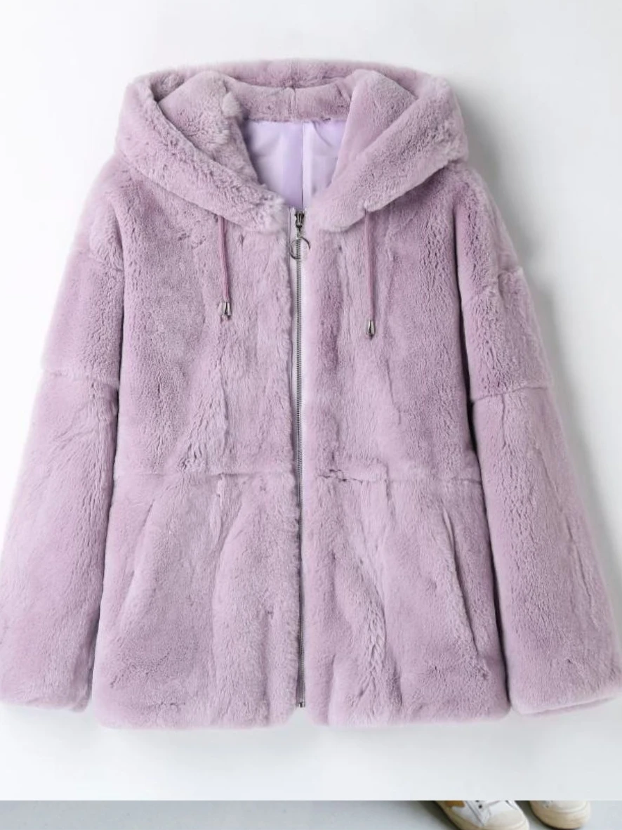 2023 new hooded short rex rabbit fur coat women\'s winter double face leatherfur young women