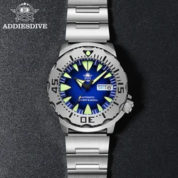 ADDIESDIVE AD2103 Men Monster Watch Luminous Sapphire Glass Blue Dial NH36 Diver 316L Stainless Steel Mechanical Watches