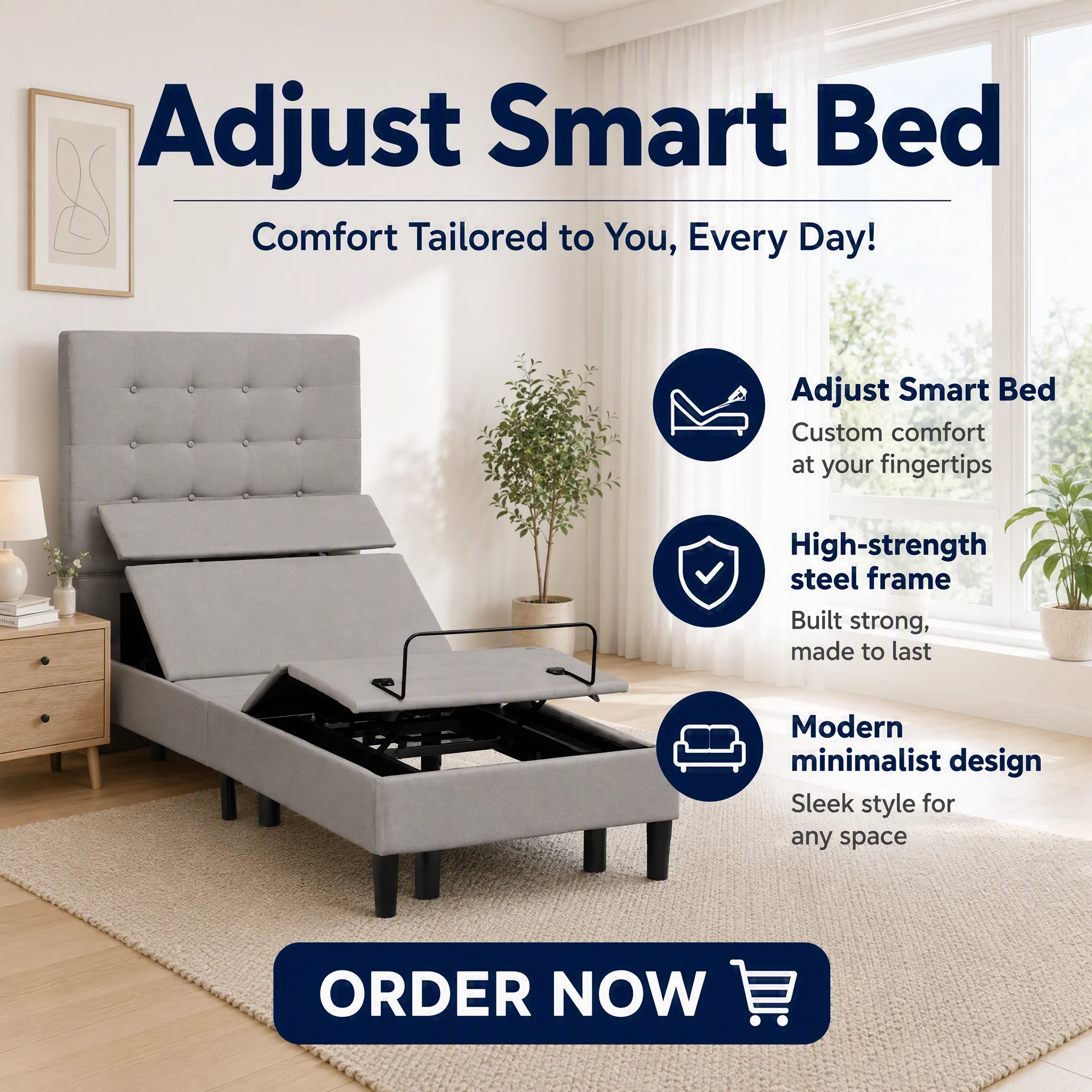 Easy to Assemble Modern Electric Multiple Size Remote Control Message Reclining Adjustable Bed for Bedroom