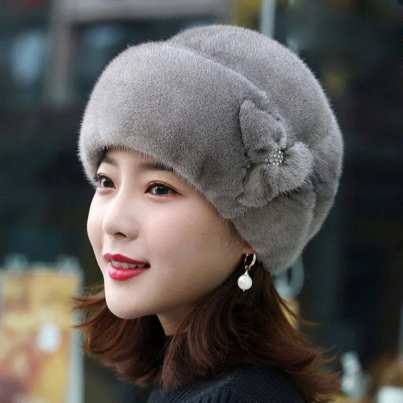 Elegant Women Winter Hat Russian Flower Decor Thickened Warm Solid Color Autumn Winter Thermal Middle-aged Cap For Outdoor