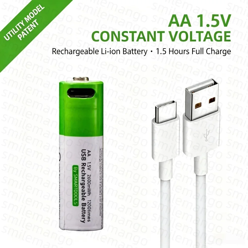AA 2600mWh USB Rechargeable Li-ion Battery High Capacity for Remote Control Wireless Mouse Small Fan Electric Toys + Cable