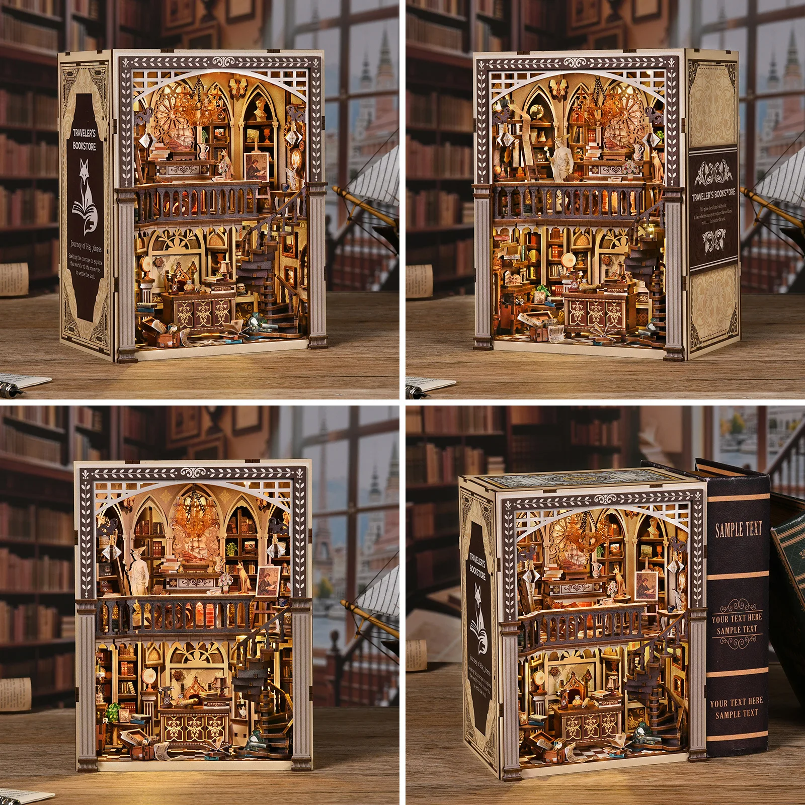 Traveler's Bookstore DIY Wooden Book Nook Kit, LED Light Up Vintage Library 3D Puzzle, Two-Story Micro Building Model