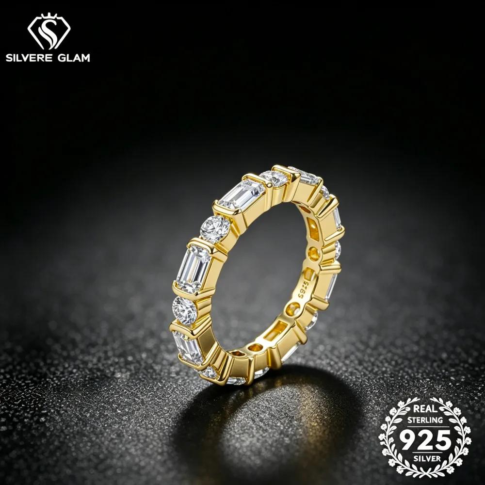 925 Silver Emerald Round Alternating Stone Full Eternity Moissanite Ring D VVS1 Stackable Wedding Fine Jewelry For Women