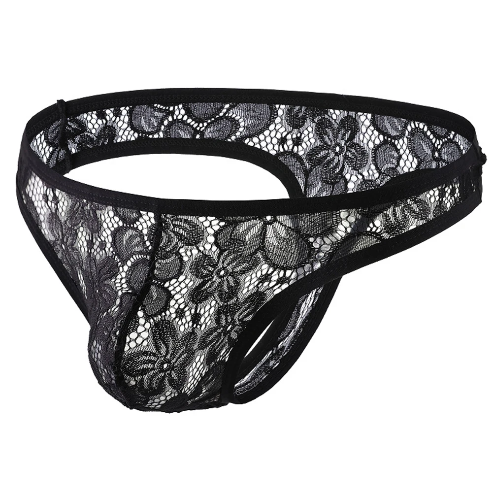 

Men Lace Briefs Sissy Underwear Sheer Floral Lace Translucent Thong Panties U Convex Pouch Underpants Low Waist Knickers