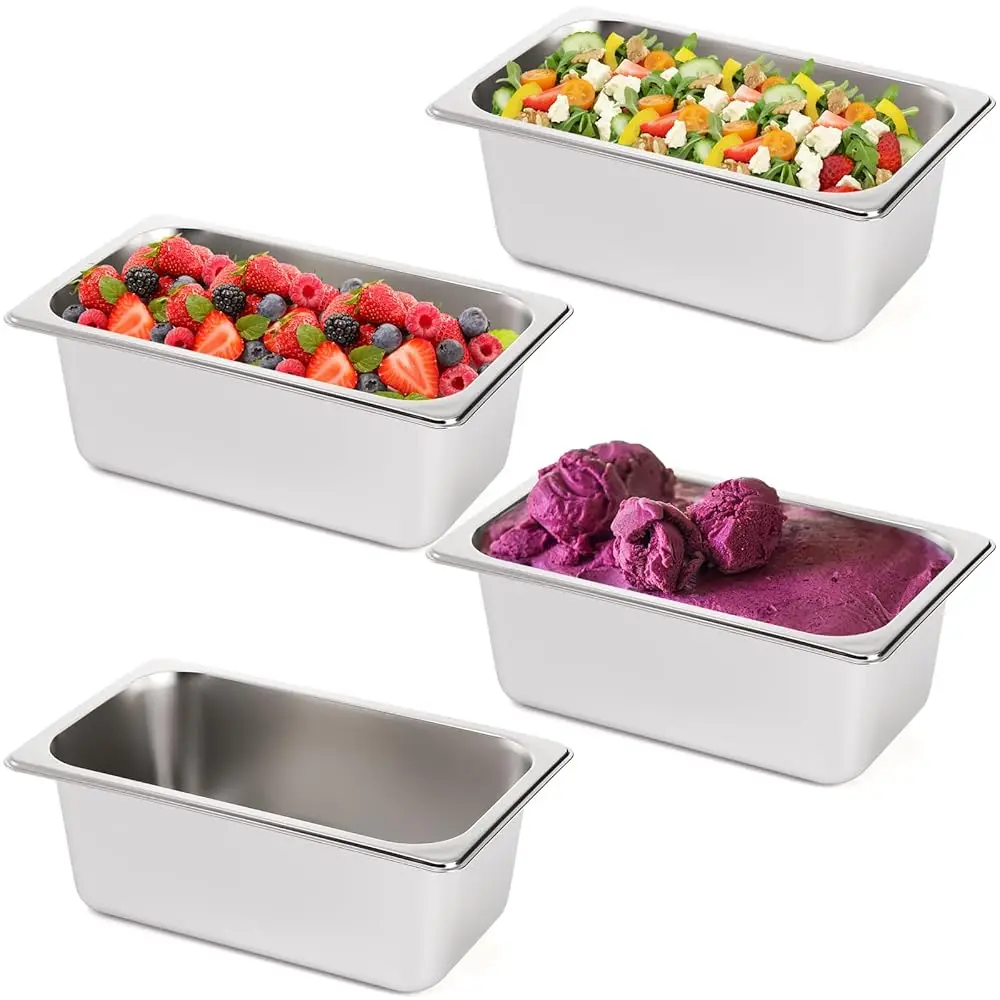 

4 Pa Hotel Pans, 1/4 Size 4"" Deep Stainl Steel Steam Table Serving Pan, Buffet Dinner Catering Food Pans, Warmer Breading Tray