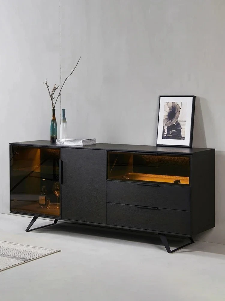 

Italian Solid Wood Glass Sideboard Cabinet with LED Light Wine Cabinet Modern Minimalist Living Room Locker