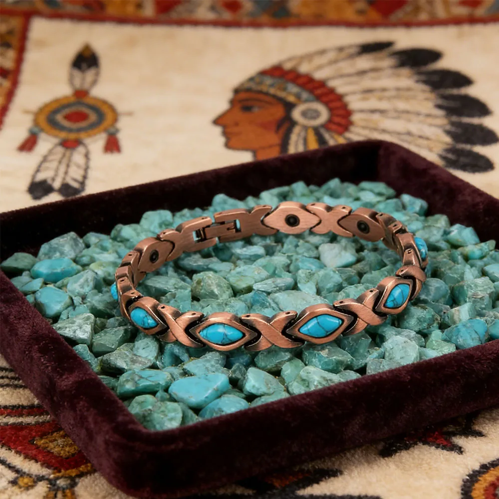 Vintage Copper Turquoise Inlay Magnetic Therapy Bracelet for