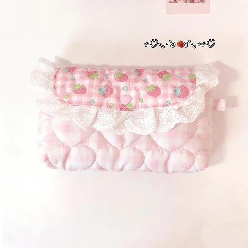 1 Stück Rosa Karierte Spitzen-Aufbewahrungstasche mit Polka-Dot-Schleife, Niedliche und Stilvolle Klapp-Make-up-Tasche für Mädchen, Mittelschülerinnen – Detail 6