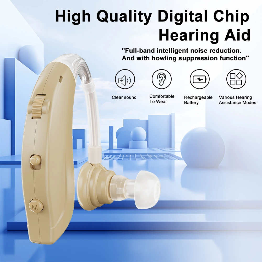 Rechargeable Digital BTE Hearing Aid with Bluetooth Deaf Mini Sound Amplifier Left/Right Universal (Single Ear)