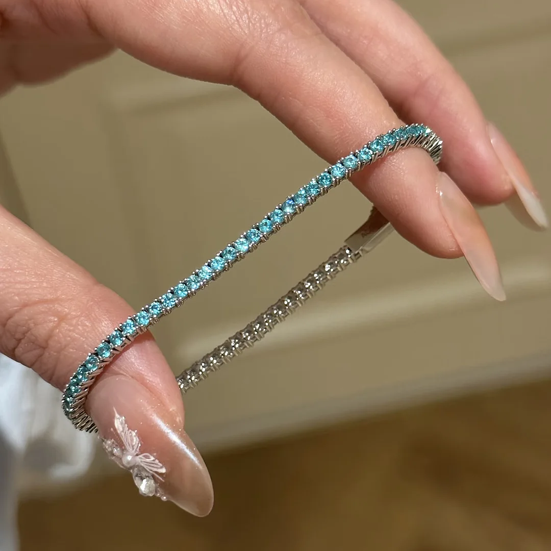 Fresh boho Style Four Claw Diamonds Paraiba bracelets femme inlay 3mm Light Luxury Charms Bracelets for women Party Jewelry 2
