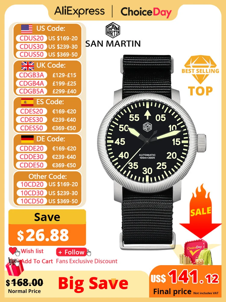 San Martin New 40mm Retro Pilot YN55 Automatic Mechanical Fashion Simple Style Men Wristwatch 100m Waterproof C3 Luminous SN0143