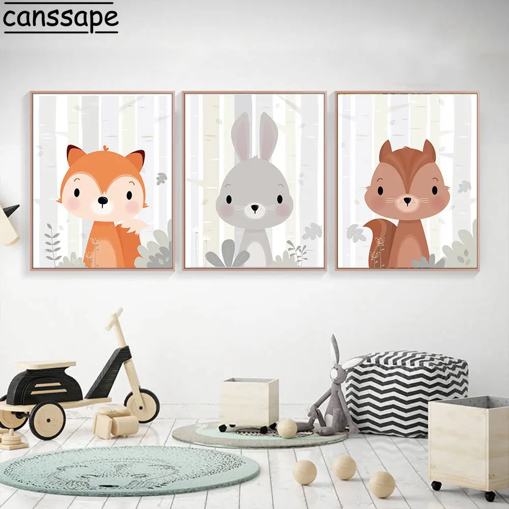 Woodland Animal Print Rabbit Bear Canvas Painting Deer Fox Poster Nursery Wall Posters Nordic Wall Pictures Kids Room Decor