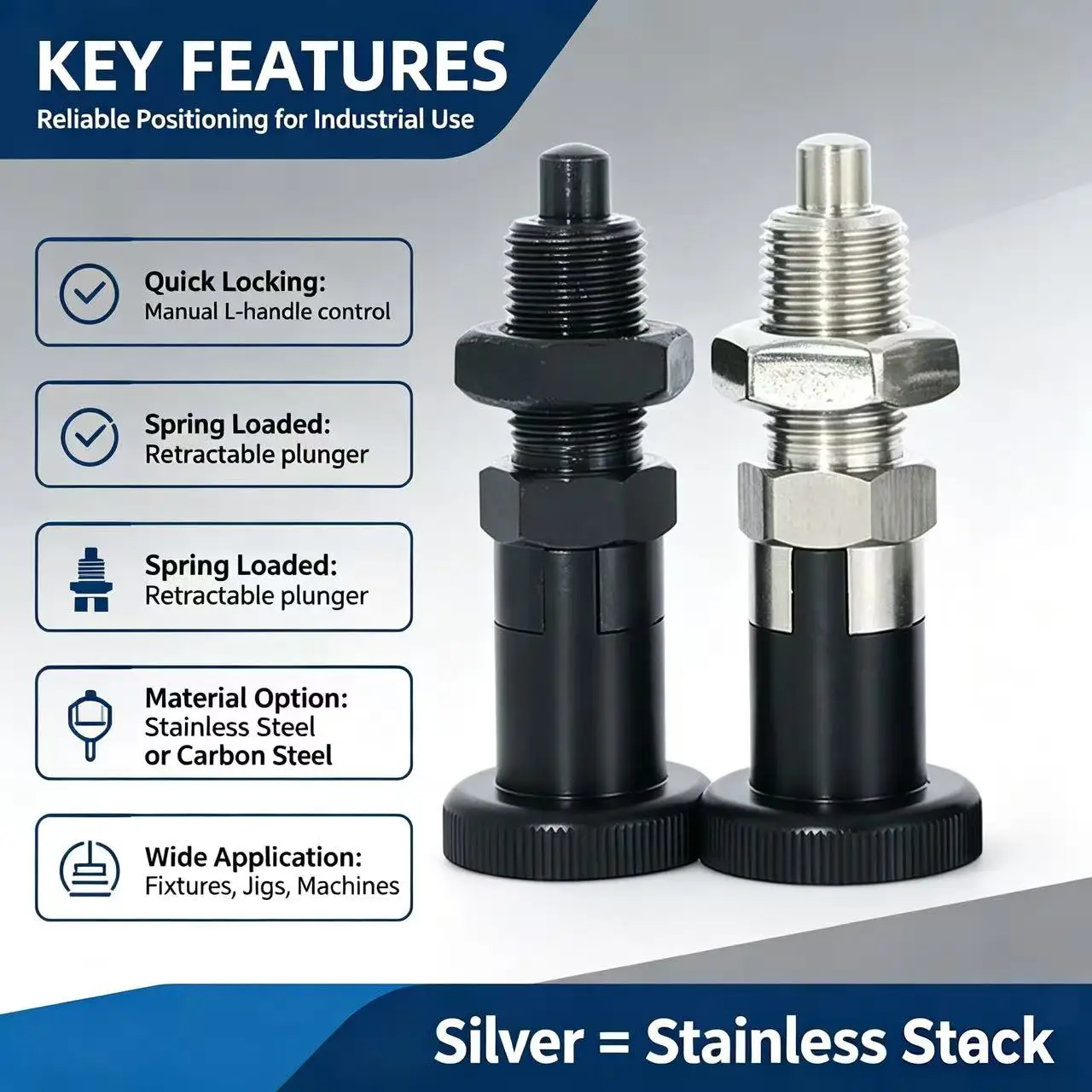 Indexing Knob Plunger Pin, Stainless Steel & Carbon Steel,M6 M8 M10 M12 M16 Fine‑Thread Self‑Locking Spring‑Return Fixture Pin
