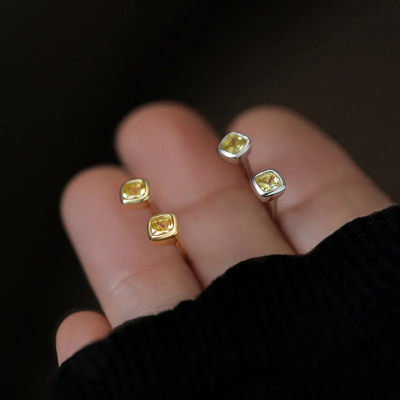 Tiny Yellow CZ Square Stud Earrings for Women Girl