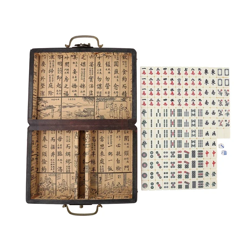 144 Tiles Mah-Jong Chinese Numbered Mahjong Set with Vintage Storage Box Portable Chinese Mahjong Toy for Family Party Games