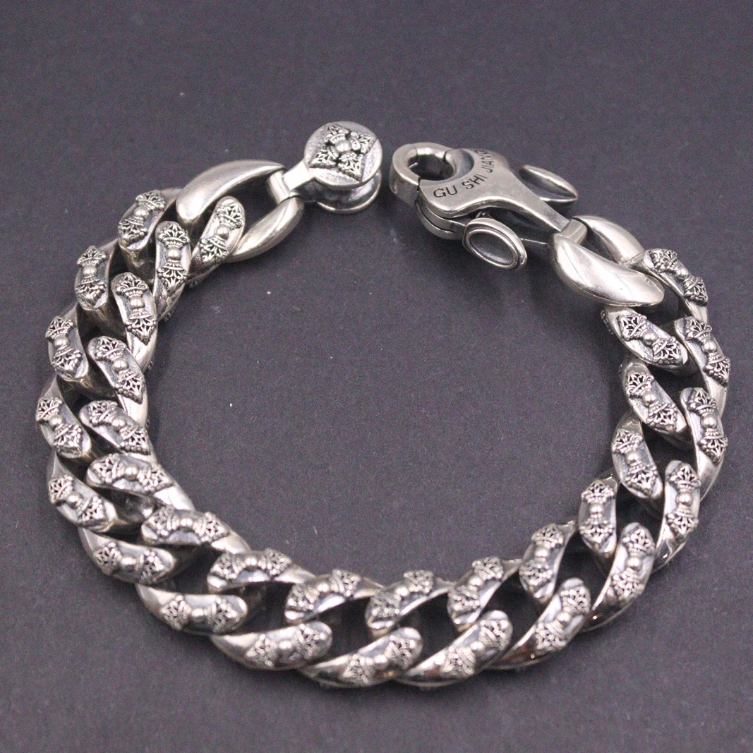 Real 925 Sterling Silver Bracelet Men Women 14mm Heavy Lucky  Vajra Pattern Curb Cuban Link 8.66inch Length /100-105g