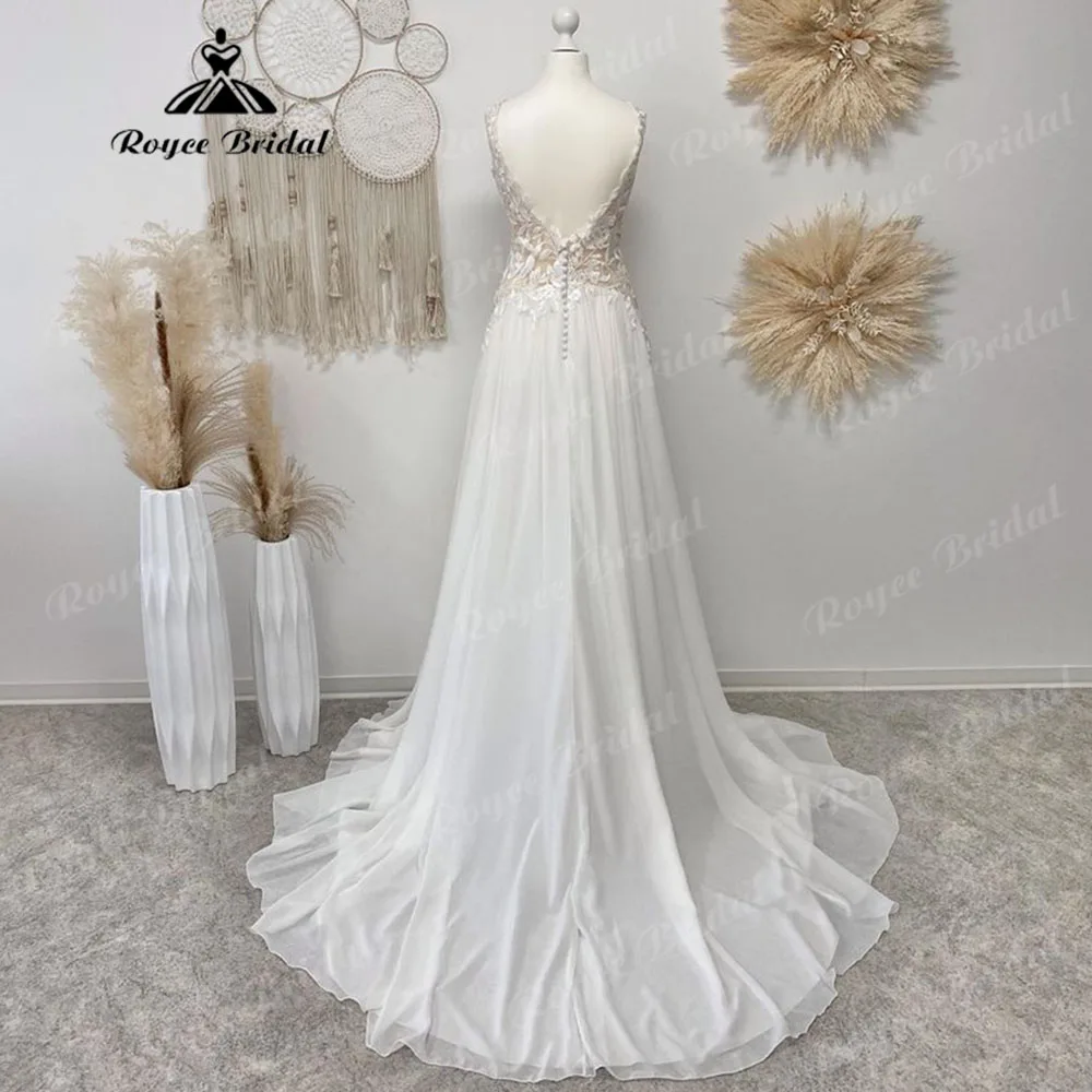 Summer Plunging V Neck Lace Chiffon Country Wedding Dress Open Back 2024 Vestido Boda Civil Beach Bridal Gown abito da sposa