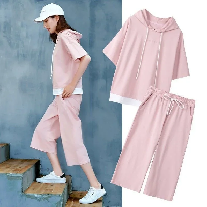 

Summer New Women's Casual Sports Suit Korean Fashion Loose Student Hooded Short Sleeve Tops Wide Leg Pants 2 Two Piece Set Z50