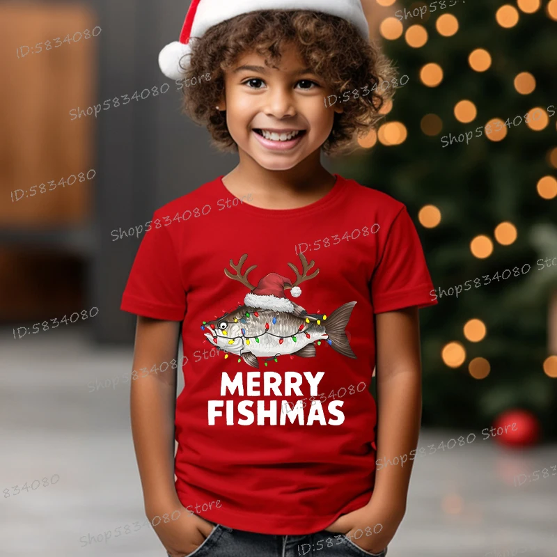 

Merry Fishmas Print Christmas T-shirts Cotton Short Sleeve Boys Girls Fashion Christmas Clothes Cartoon Hip Hop Wild Xmas Tees