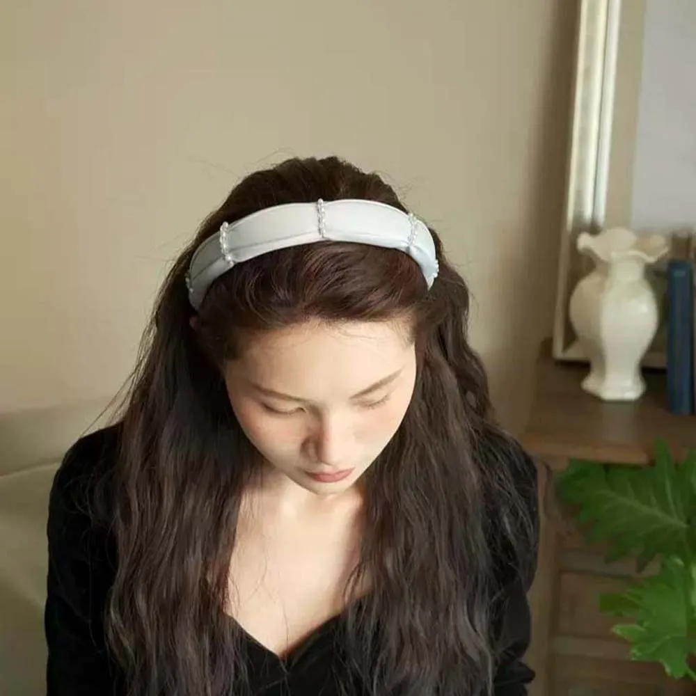 

Тканевый обруч для волос с милым жемчугом, обруч для волос во французском стиле, широкие боковые бусины, повязка на голову с кристаллами, головной убор с принтом розы, бежевая, синяя повязка для волос для девочек