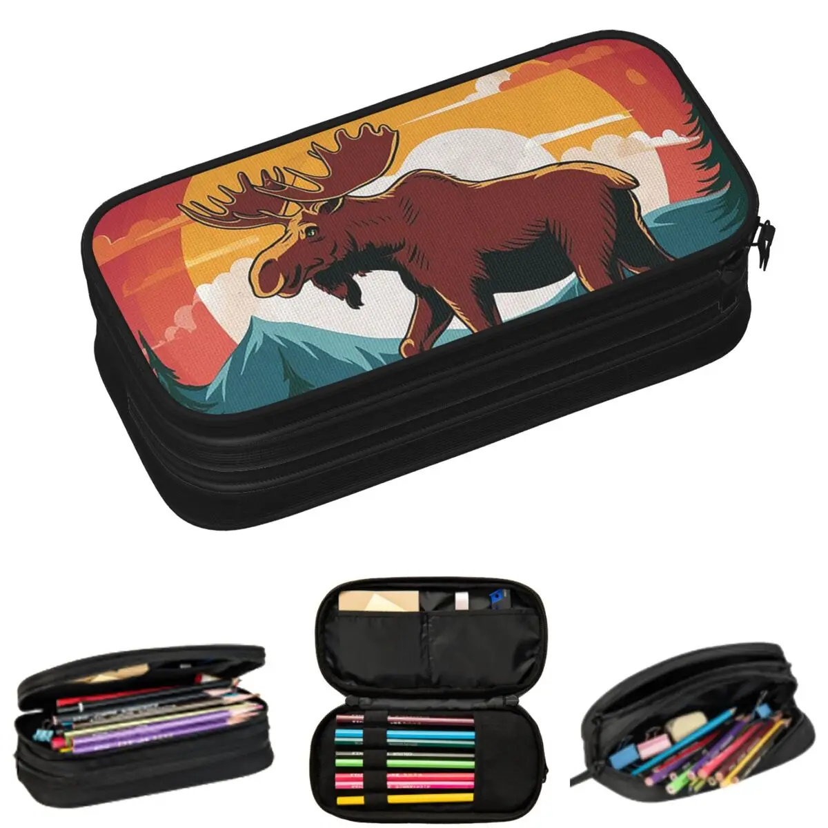 

Moose At Sunset And Pine Tree Pencil Cases for Students Pen Box Pencil Bag Big Capacity Pencil Pouch Storage Stationery Supplies