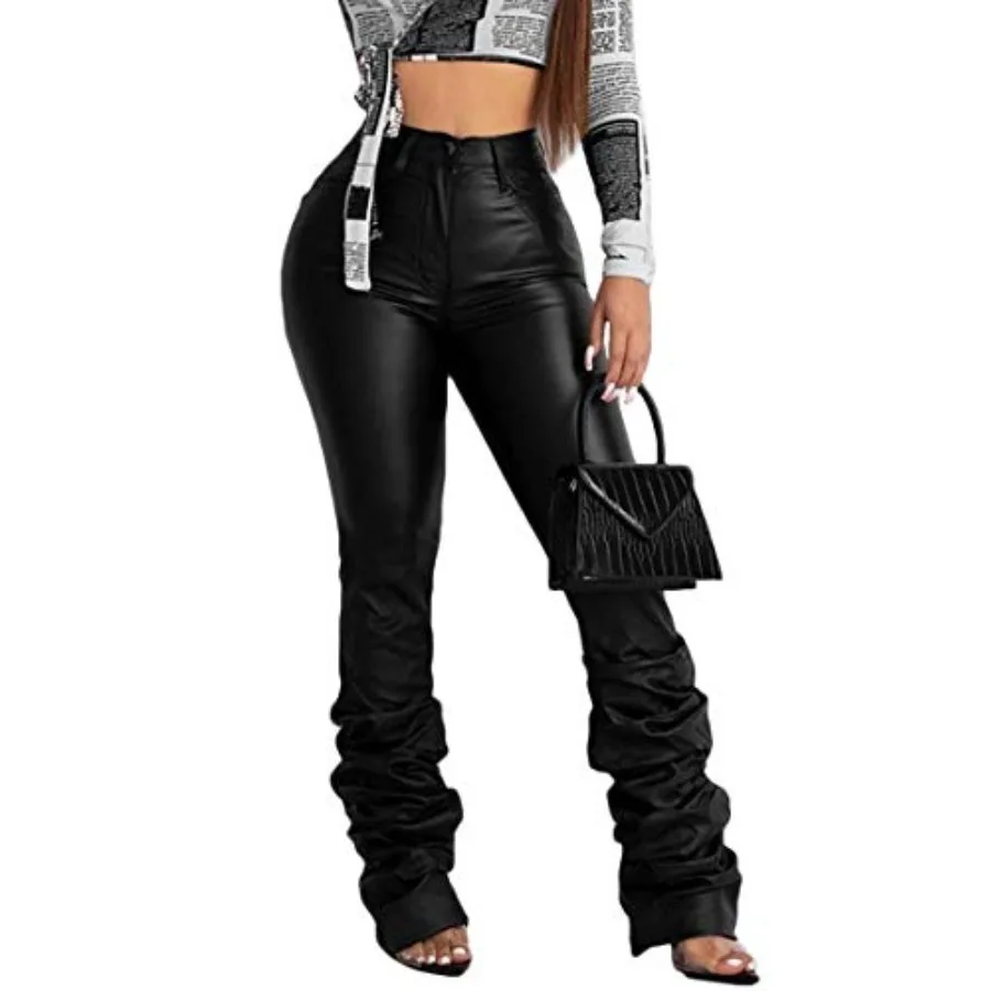 

PU Solid Middle High Waist Stacked Pants for Women Faux Leather Ruffle Ruched Bottom Leggings Pants