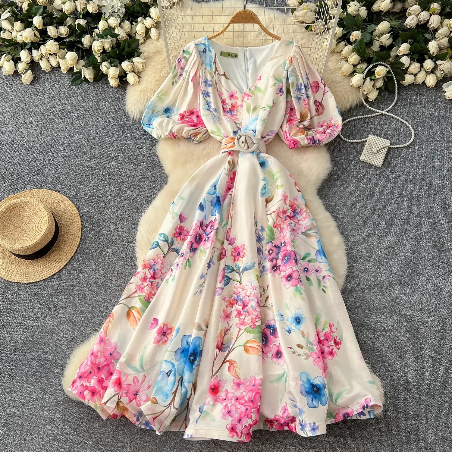 Summer Holiday Gorgeous Flower Linen Dress Women's Puff Sleeve V-Neck Floral Print High Waist Floral Print Long Party Vestidos