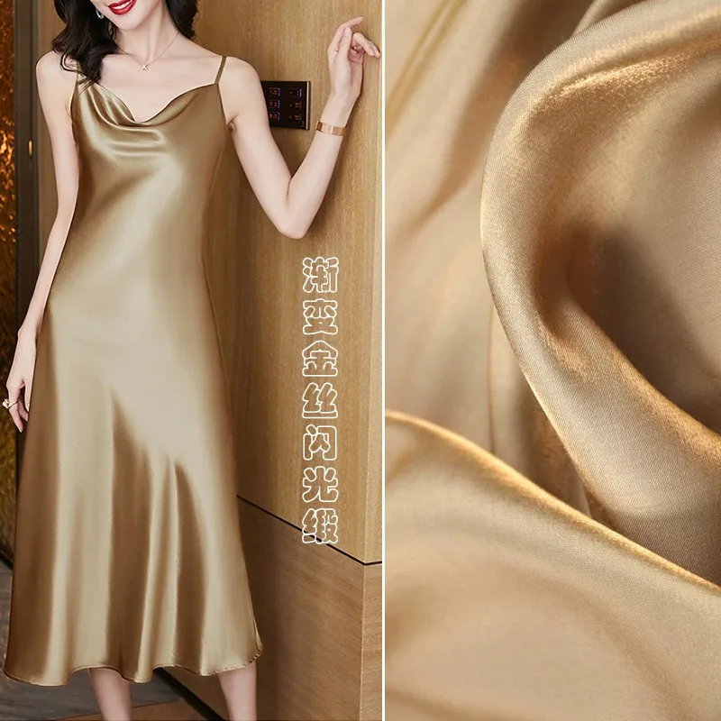 

Gradient gold thread high drape glittering satin and silk fabric silky smooth dress wedding glossy