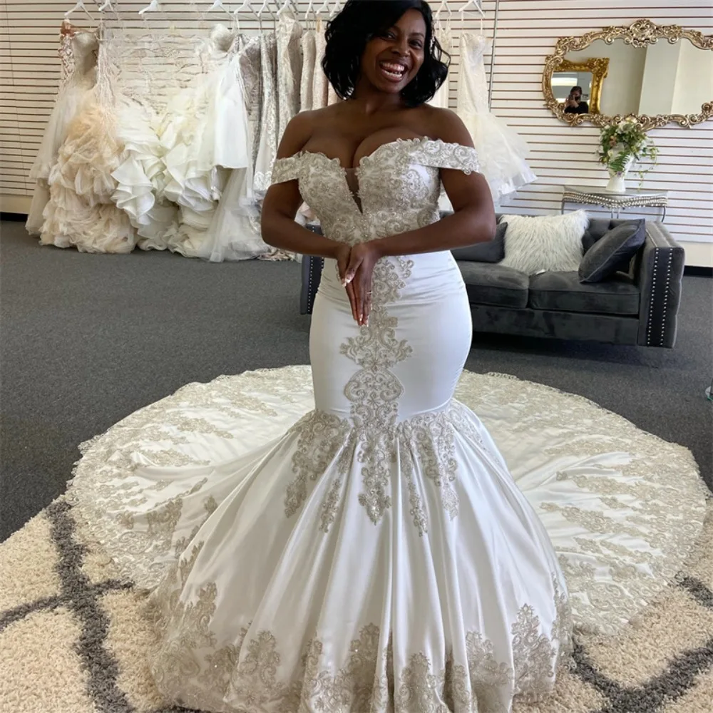 

Sexy V Neck African Mermaid Wedding Dresses Off Shoulder Appliques Lace Up Back Bridal Gowns Luxury Vestidos De Novia