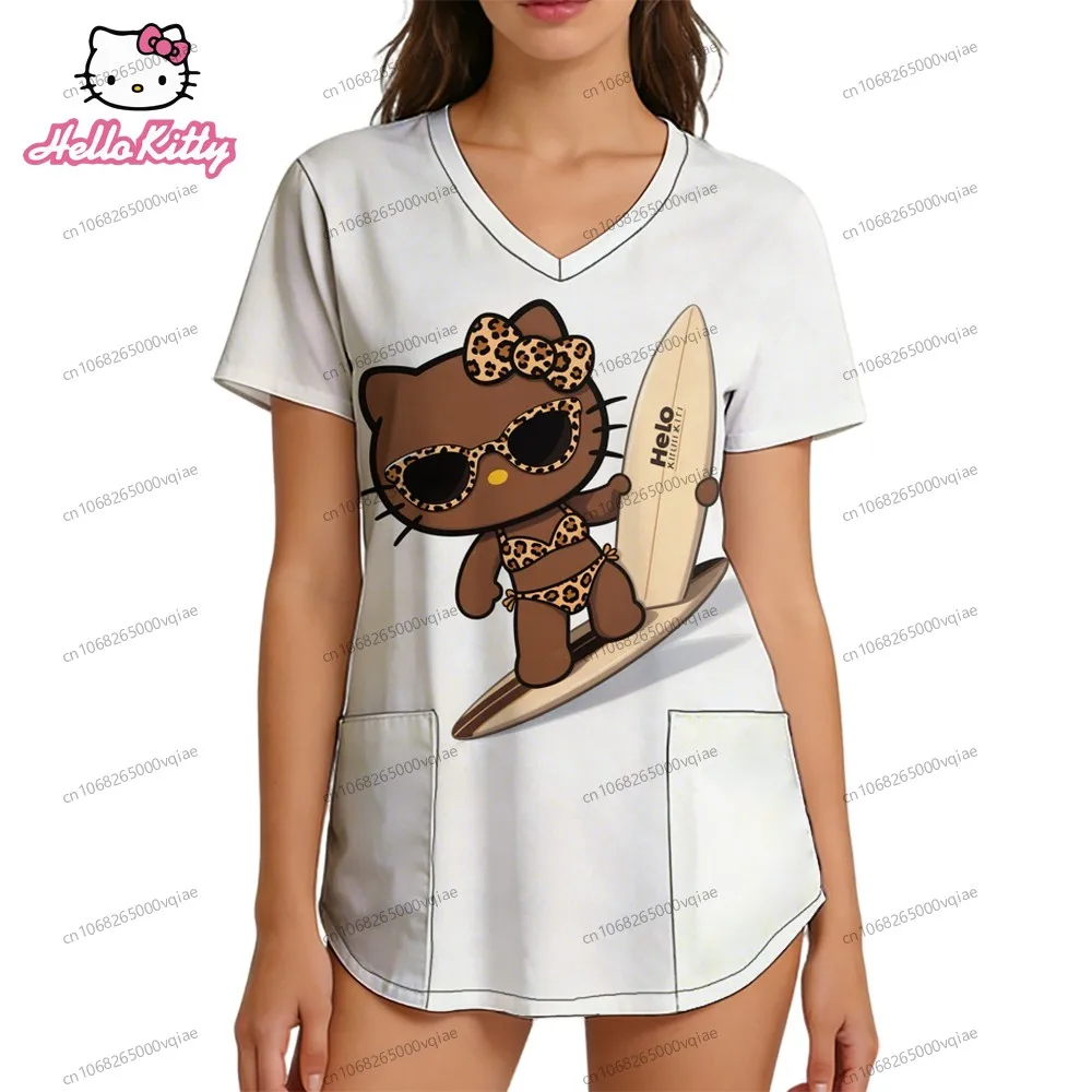 

Cute Tops Nurse Uniform V Neck T Shirt S-2XL Hello Kitty Harajuku Fashion Women's T-shirt T-shirts Pocket Woman Clothes Top Y2k