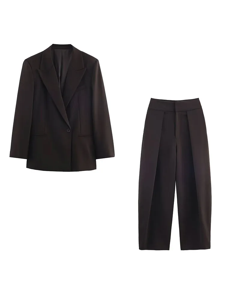 

HH Women Fashion Loose 2-Piece Suit Lapel Single Button Office Blazer Jacket+High Waist Casual Streetwear Pleated Balloon Pants