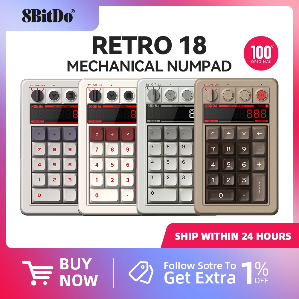 8BitDo - Retro 18 Mechanical Numpad, Supports Calculator Mode, Bluetooth/2.4G/Wired Numpad for Windows and Android