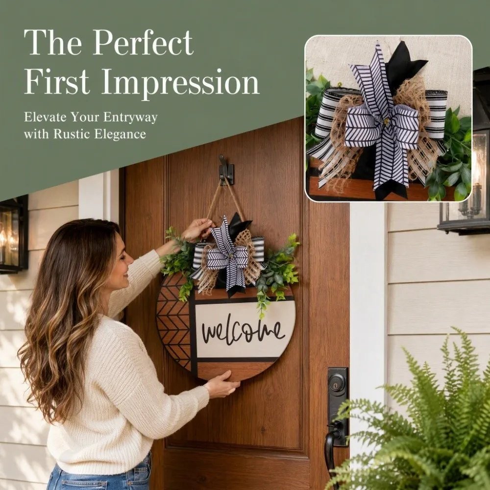 Gifts Wooden Welcome Sign Bow Knot Artificial Plant Hanging Decoration Welcome Round Shape Door Wreath Outdoor Decor