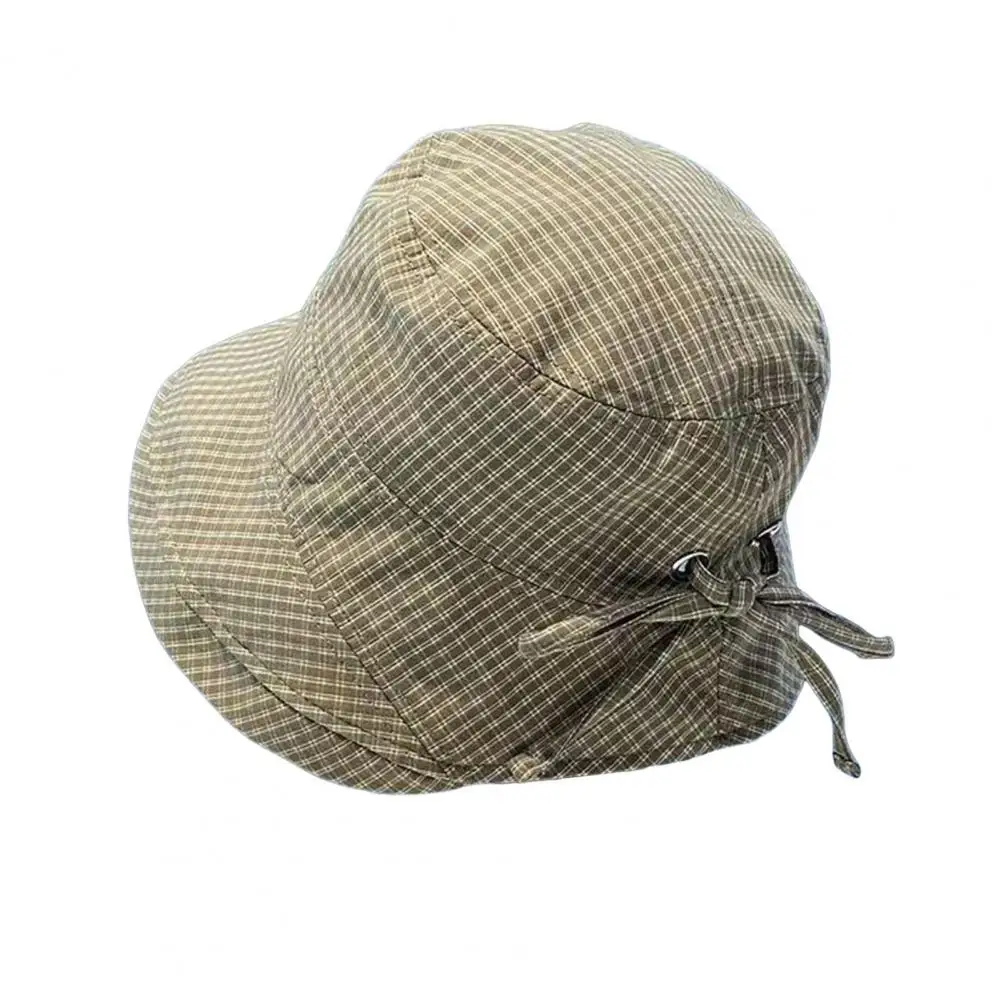 Breathable Cotton-like Outdoor Hat Plaid Fisherman Hat for Women Wide Brim Uv Protection Sun Cap Adjustable Back Bow Beach Hat
