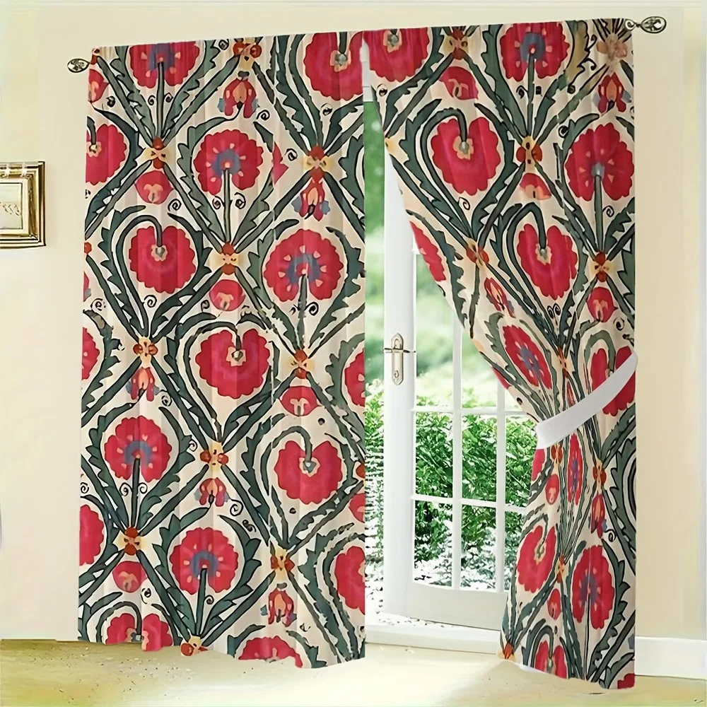 Elegant Botanical Floral Curtains Red Green Pair Vintage Style Window Drapery Luxury Curtain Panel for Living Room Bedroom Decor