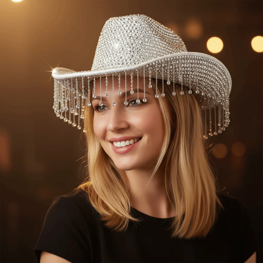 Sun Protection Rhinestone Cowboy Hat Adjustable Strap Tassel Decoration Silver Cowboy Hat Silver Color Rhinestone Cowgirl Hat