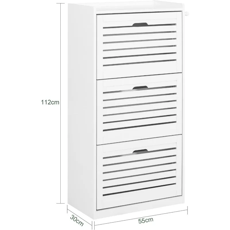 Shoe Cabinet with 3 Flip Drawers, Freestanding Shoe Rack with Hooks, Shoe Storage Cupboard Organizer Unit, White, FSR108-W