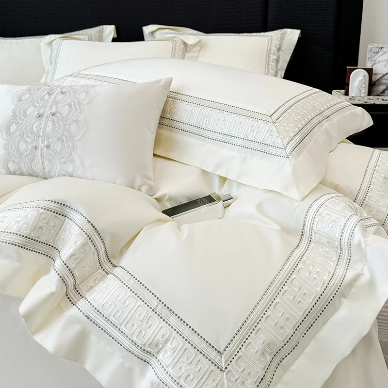 Luxury Embroidery Hotel Style Bedding Set 600TC Egyptian Cotton Simple Style Duvet Cover Flat/Fitted Bed Sheet Pillowcases 4Pcs