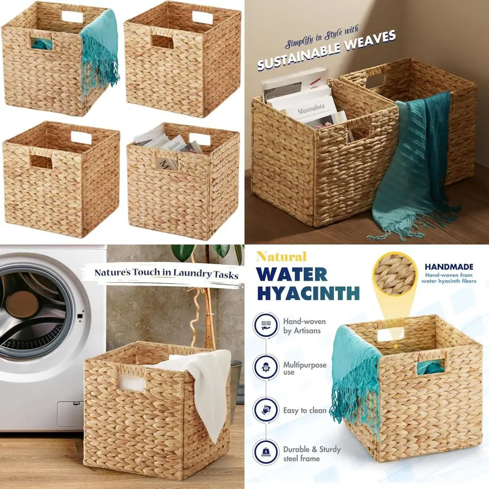 

Набор из 4-х тканых корзин для хранения гиацинта с ручками для стирки и организации, корзины из ротанга для полок