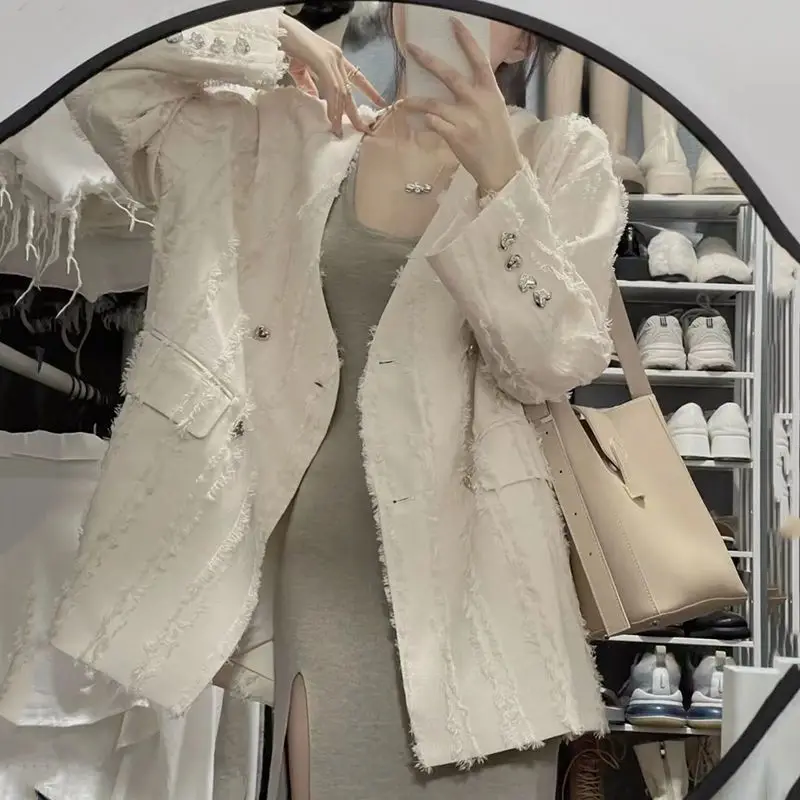 

Элегантный и молодежный женский верхний рабочий осенний полосатый карманный декор, двойной большой размер, студенческий модный облегающий крой Seven